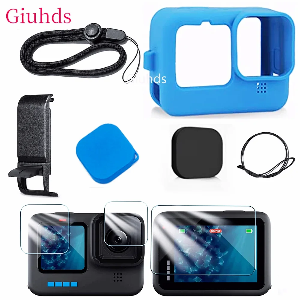 Silicone Case for GoPro Hero 12 11 10 9 Black Tempered Glass Screen Protector Protective Film Lens Cap Cover for Go Pro 11 case