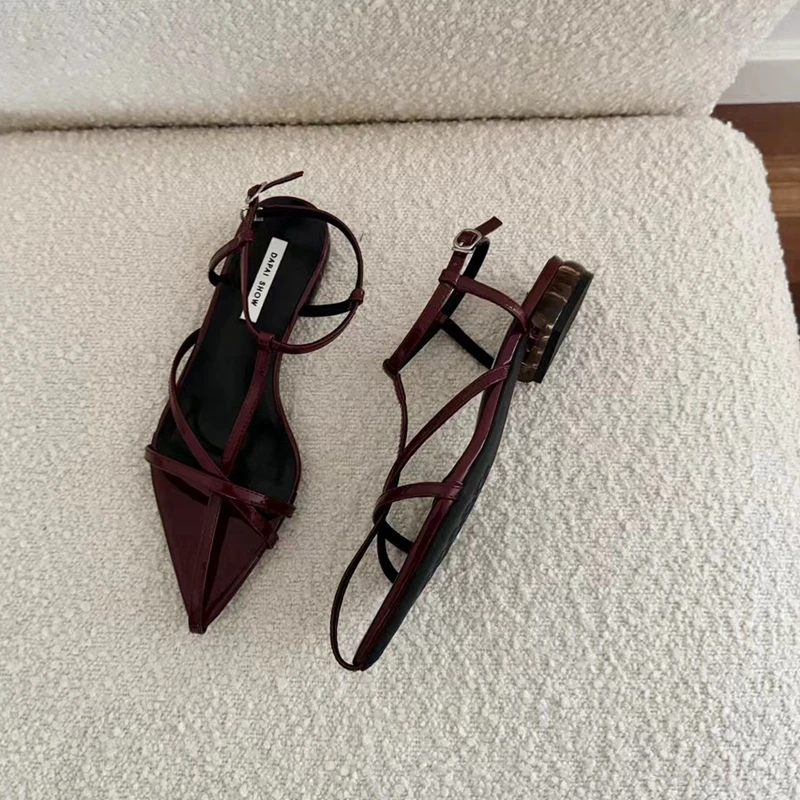 SUOJIALUN 2024 Summer New Brand Women Sandal Fashion Narrow Band Ladies Elegant Dress Gladiator Shoes Pointed Toe Outdoor Slide