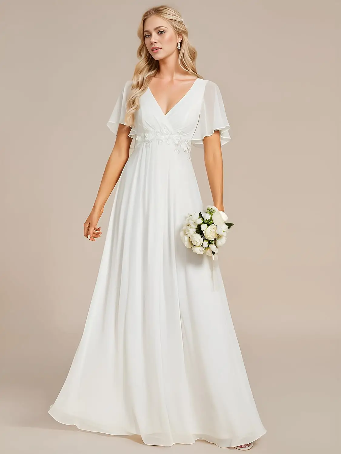 Women's Spring Short Sleeve Bridesmaid Dresses V-Neck Chiffon Ruched Empire Waist Appliques Long Formal Dress