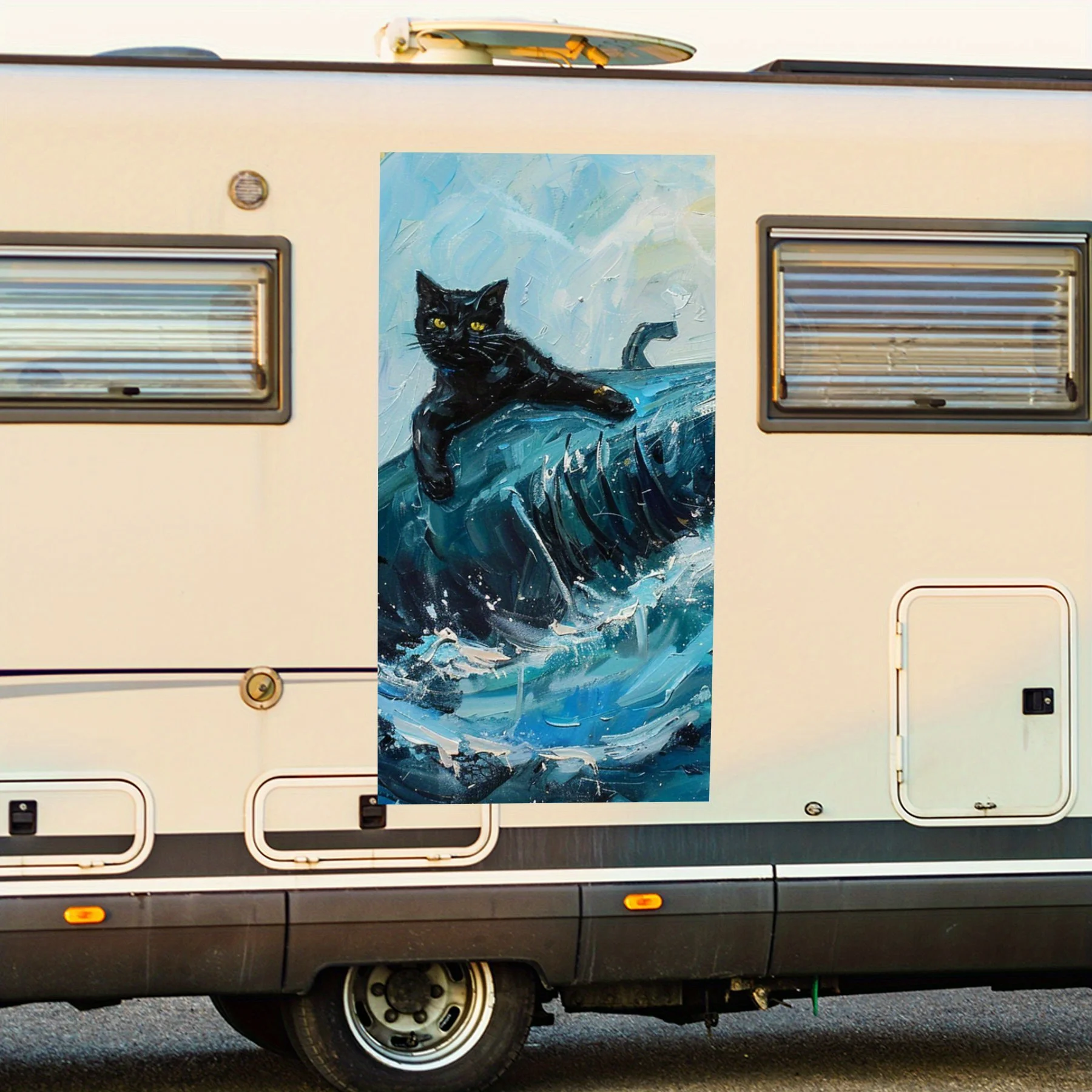 

Черная кошка езда на акуле, забавная художественная наклейка на автомобиль, виниловая наклейка на сторону моторики дома, водонепроницаемая самоклеящаяся виниловая наклейка o