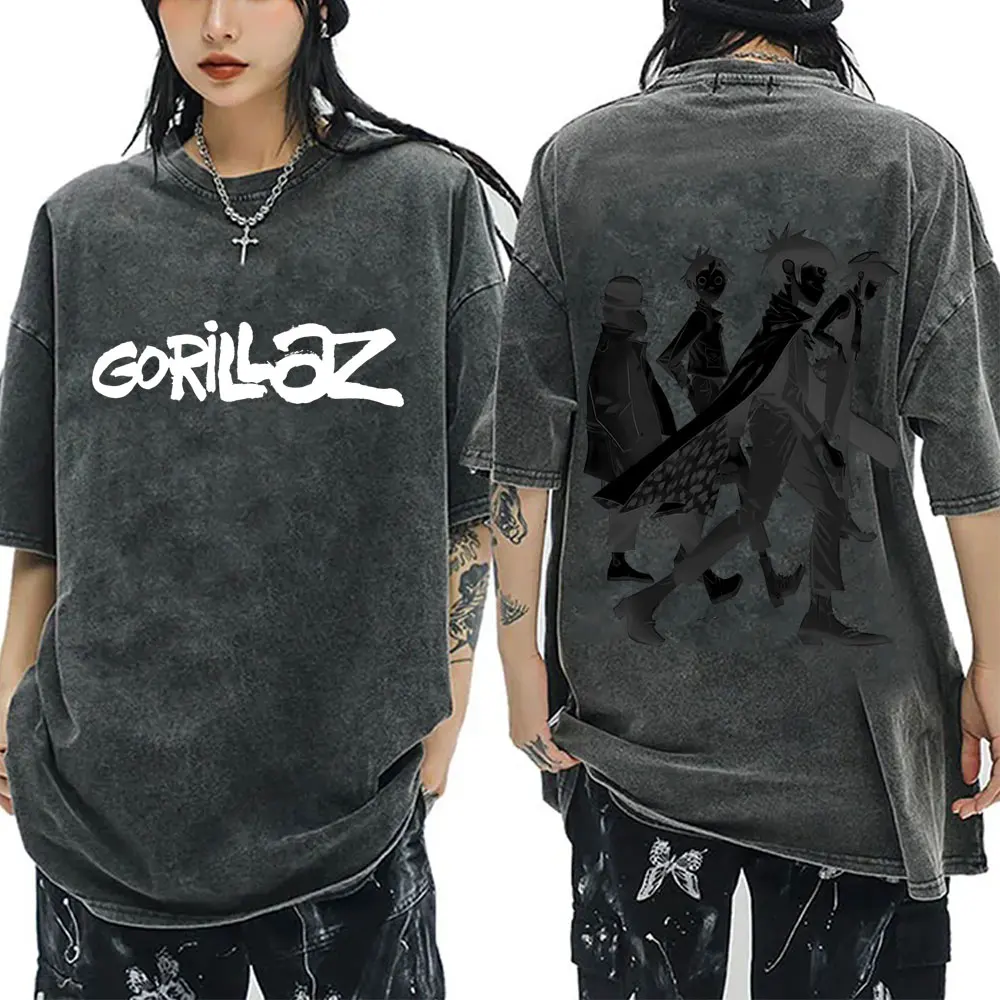 

Limited Washed Vintage Rock Band Gorillaz Graphic T-shirt Men Women Casual Oversized Cotton T Shirt Male Retro Gothic Streetwear