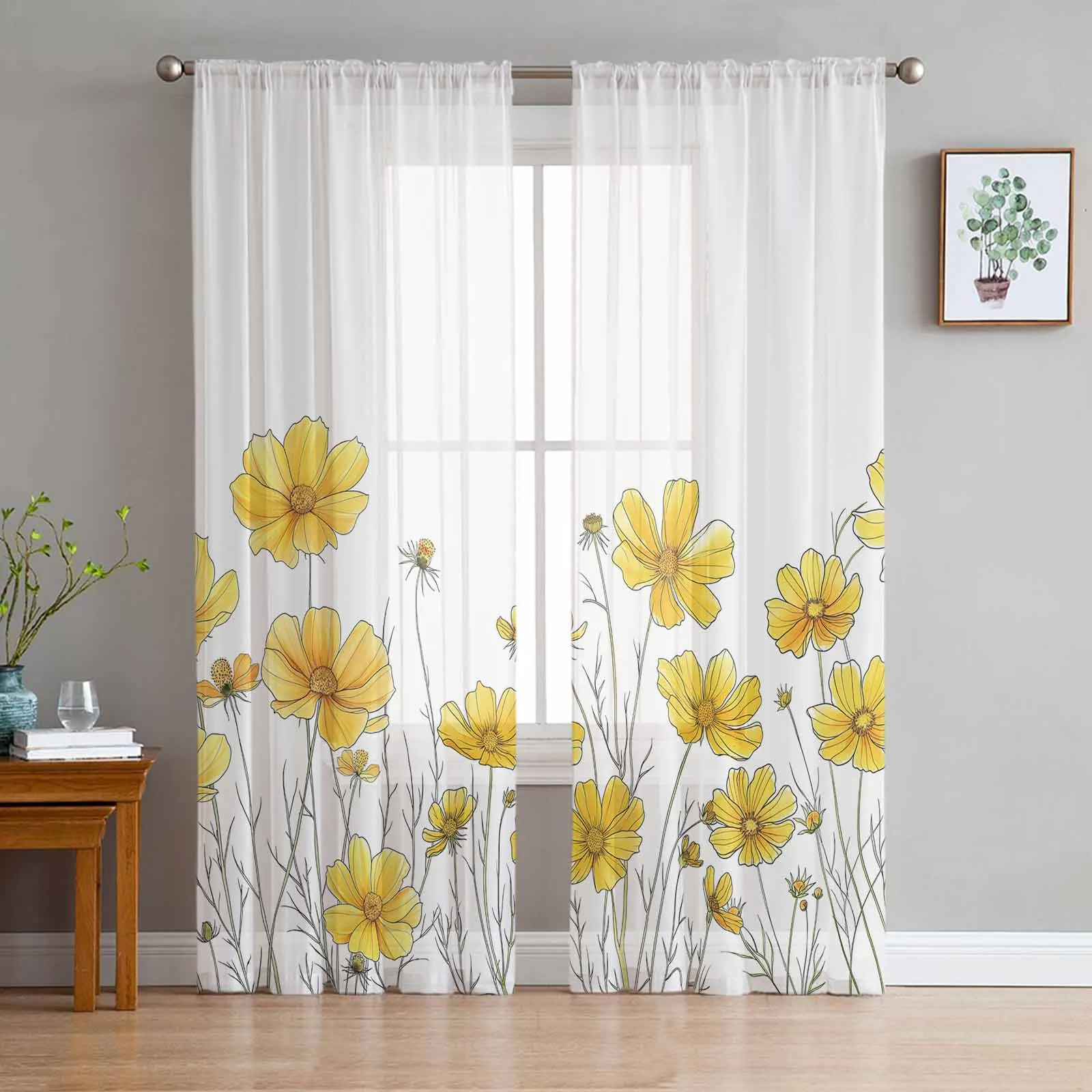 Minimalist Floral Watercolor Style Chrysanthemums Sheer Curtains for Living Room Bedroom Window Treatment Kitchen Curtain