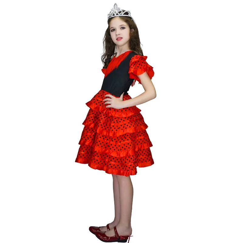 Traditionelles spanisches Tanz kleid für Mädchen Festival Quaste Punkt Kleid vier Farben klassischen Flamengo Zigeuner Stil Kinder rock