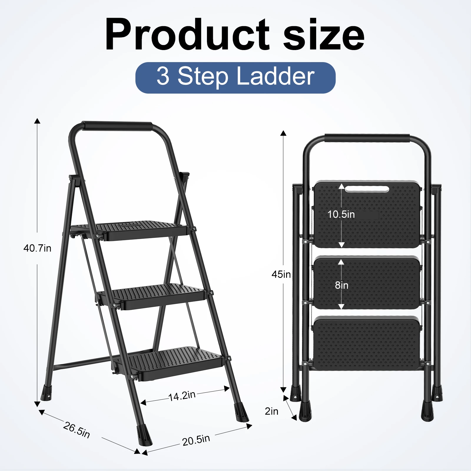 MCQ Portable 3 Step Ladder Stair Stools Folding Sturdy Step Stool 800 LBS Capacity Stepping Stool with Wide Anti-Silp Pedal Cushioned Handle for Home Kitchen and Outdoor
