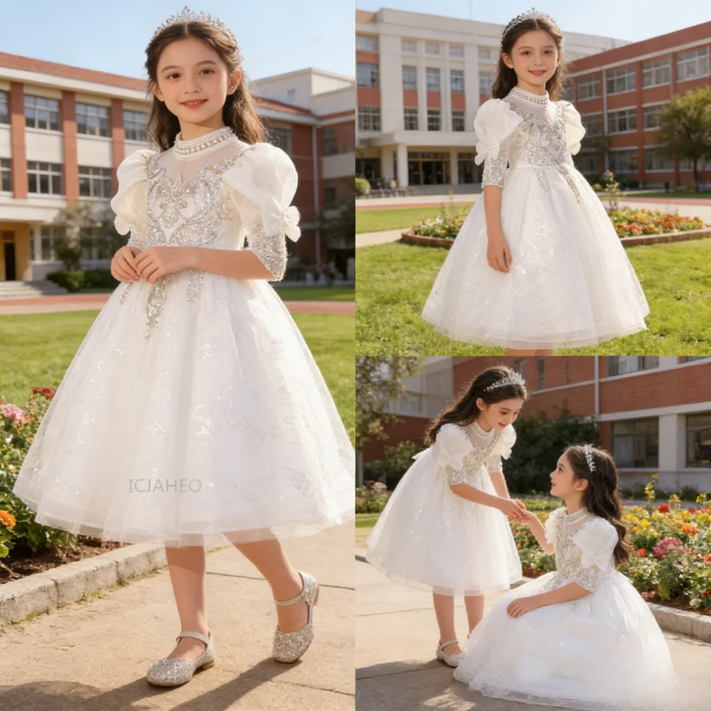 

Белое детское платье для девочек с длинным рукавом, элегантное, новое, для выступлений на Новый год, нарядное, пышное, для свадьбы, платье принцессы для детей