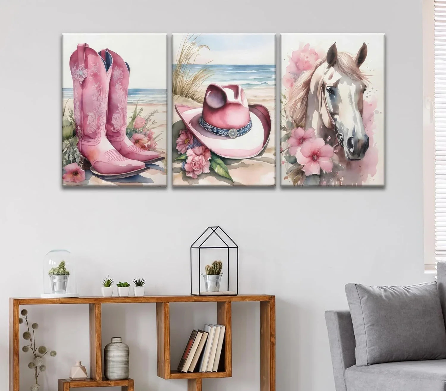 3PCS Framed Pink Cowgirl Canvas Wall Art, Horse Cowboy Hat Boots Floral Prints for Living Room