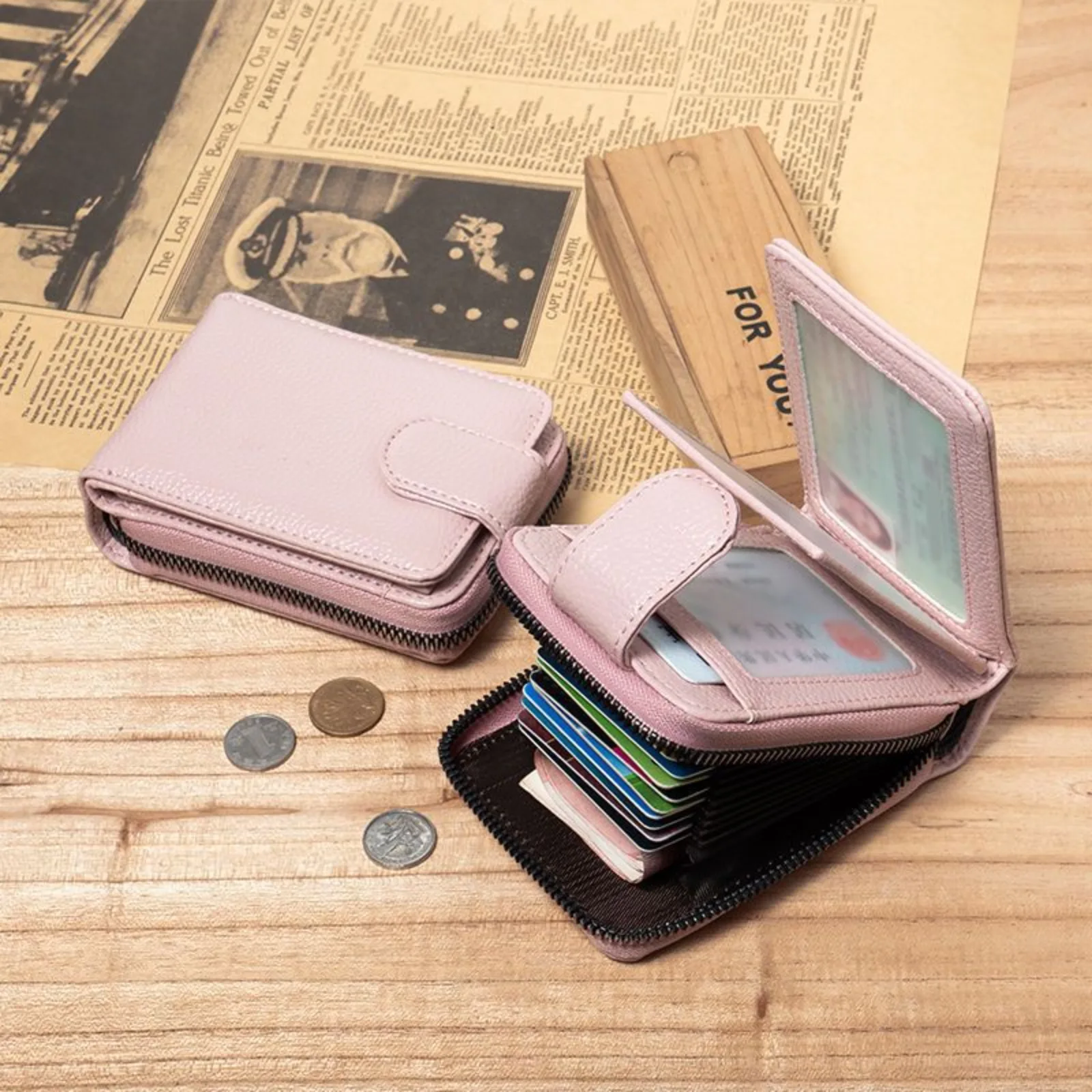 Large Capacity Zipper Style Leather ID Holder Driving License RF Multi-Function Top Layer Cowhide Accordion Card Holder