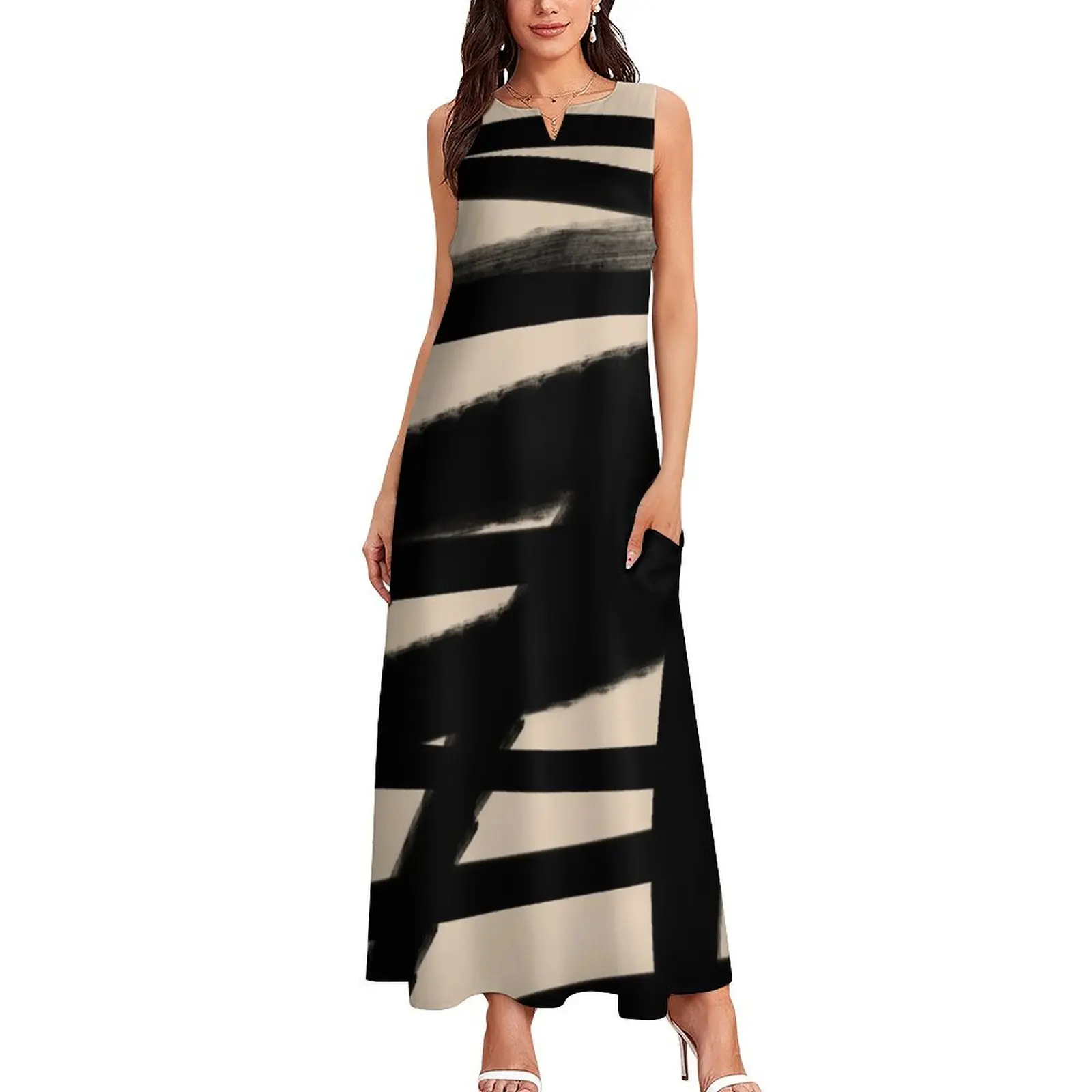 BLACK AND BEIGE Lines Graphic P. Soulages Spirit Long Dress elegant women