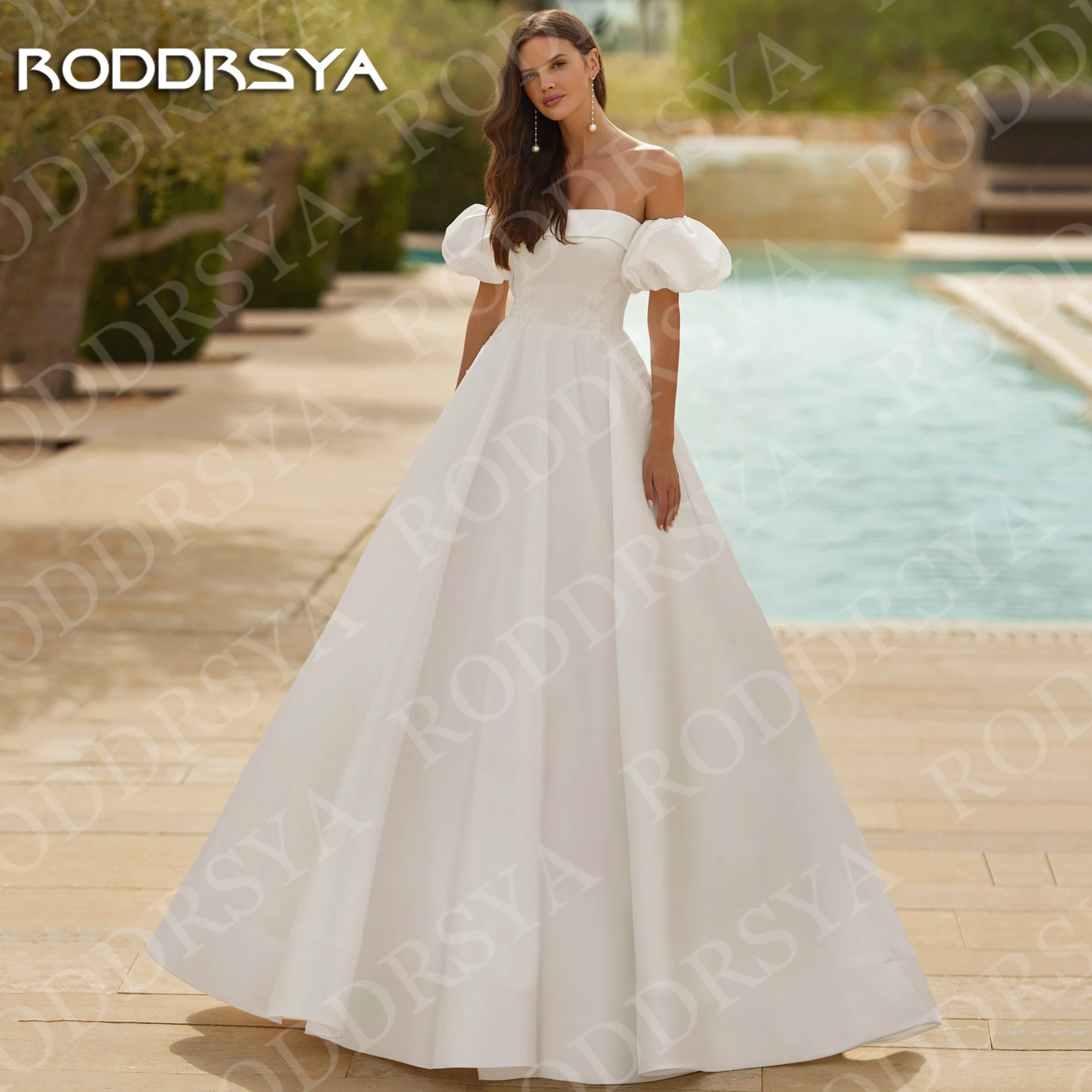 RODDRSYA Vestido de Noiva Modelo A Tomara que Caia Cetim Mangas Bufantes Removíveis Apliques de Renda Vestidos de Noiva Personalizados Robe de Casamento Vestido de noiva uma linha sem alça cetim desmontável mangas puff