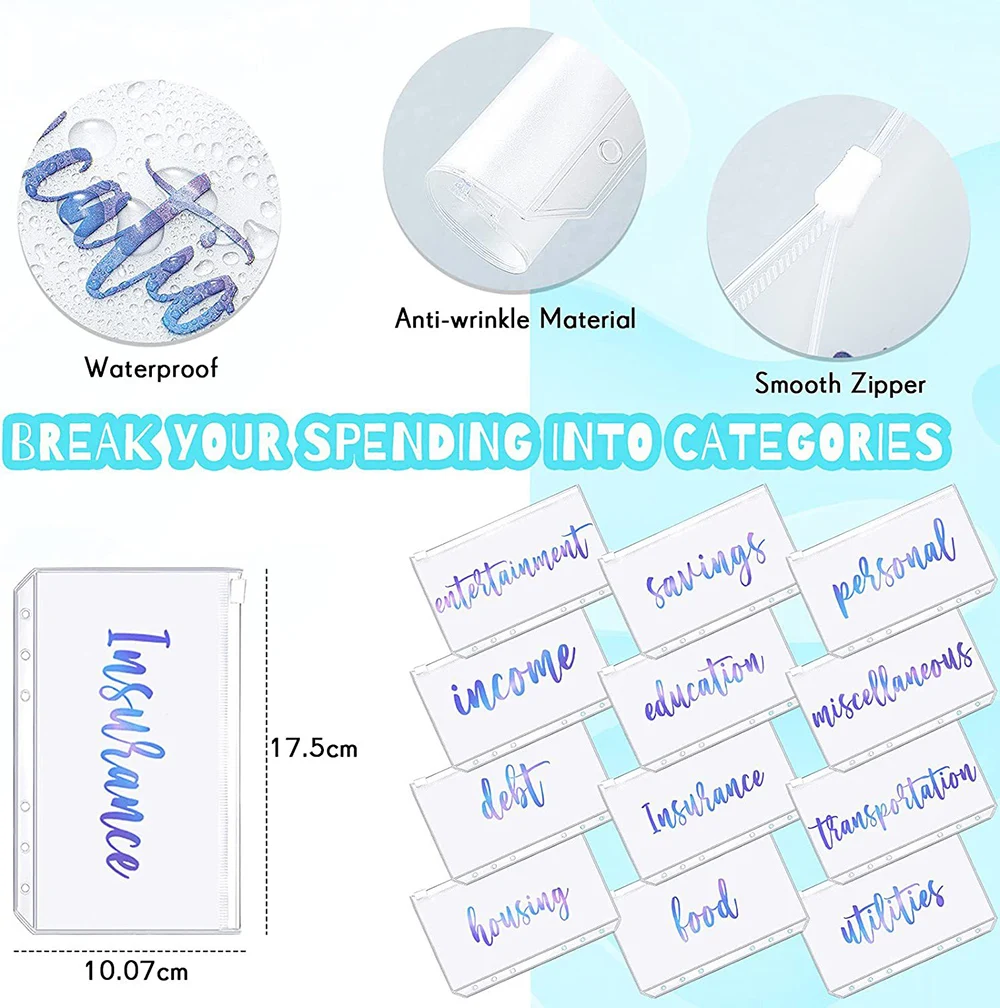 12Pcs A6 Cash Planner Binder Pocket File Organizer Storage Folder Transparent PVC Loose Leaf Pouch with Zipper Filing Binder