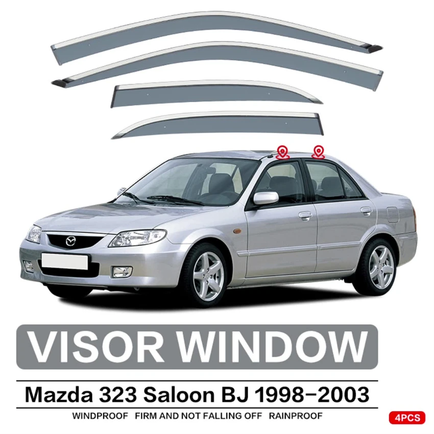 

Для Mazda 323 BJ 1998-2003 козырьки для боковых окон, аксессуары, абажуры из нержавеющей стали, ветрозащитный козырек от солнца и дождя, защита