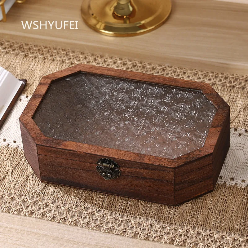 Octagonal Vintage Wooden Jewelry Box with Embossed Glass Lid Retro Storage Case for Bracelets Beads Ornaments Collection