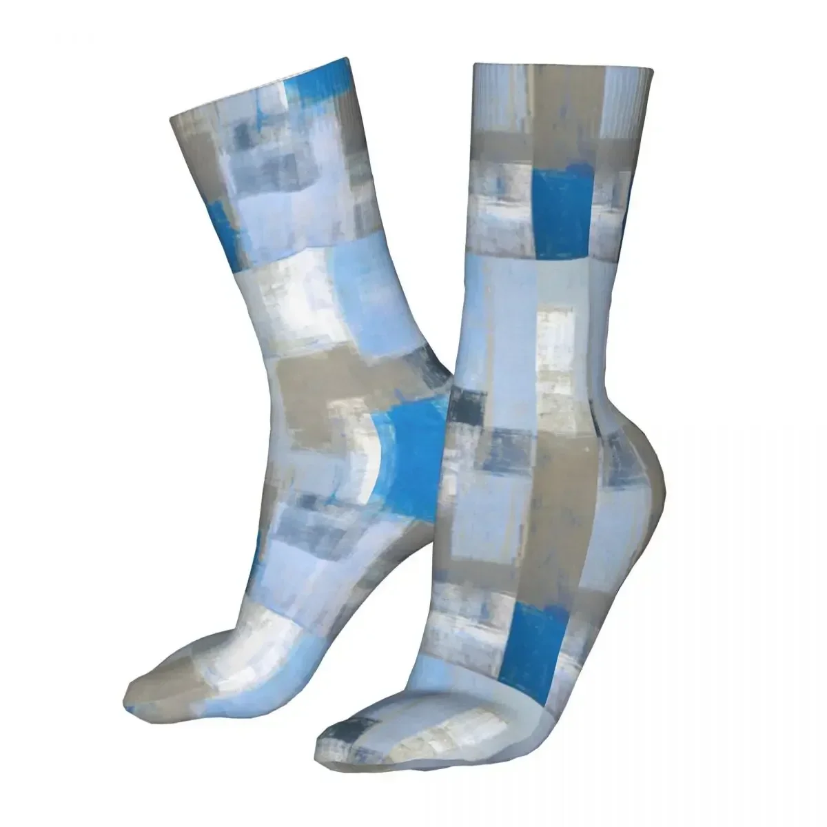 Funny Grungy Abstract Teal Paintings Women Socks 2023 Men Grey and Blue Brush Artwork Sport Sock