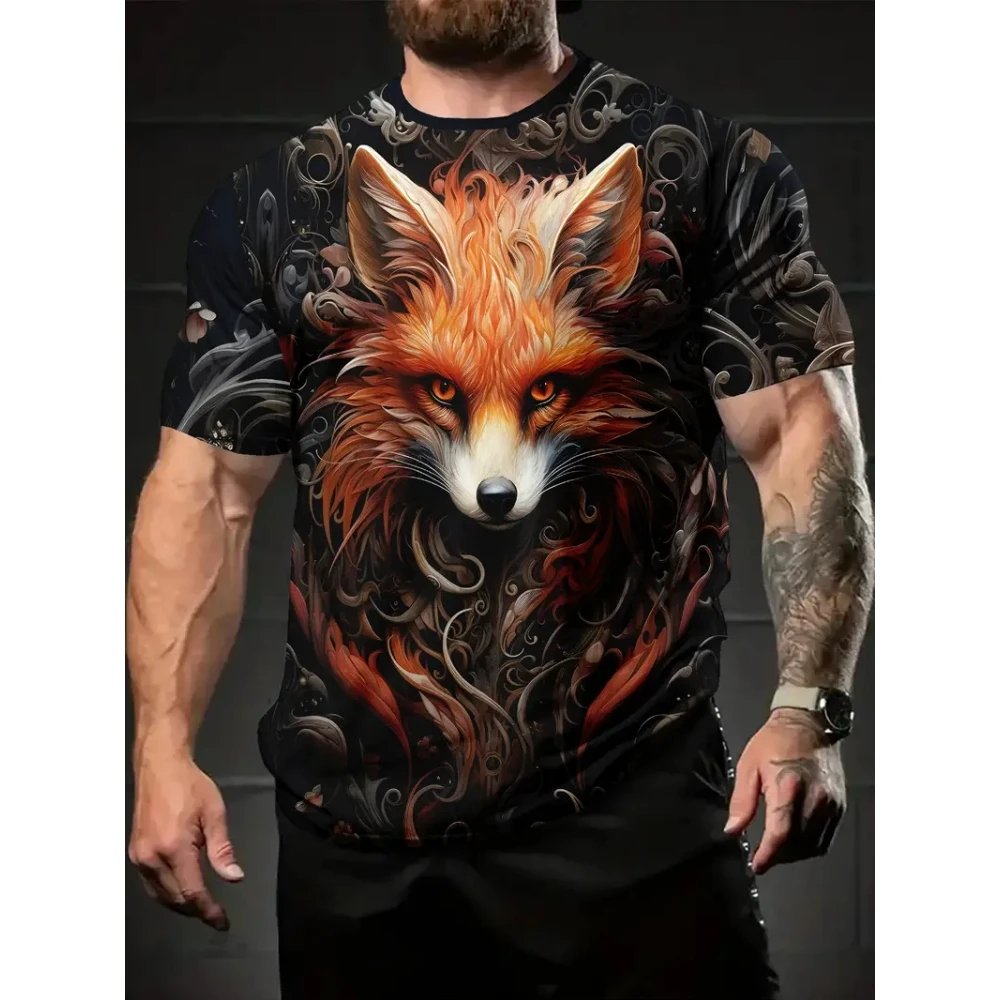 

Summer Men's Fox Print T-Shirt Fashion Animal Print O-Neck Short Sleeve Loose Comfortable Tees Outdoor Street Trend Men's Tops