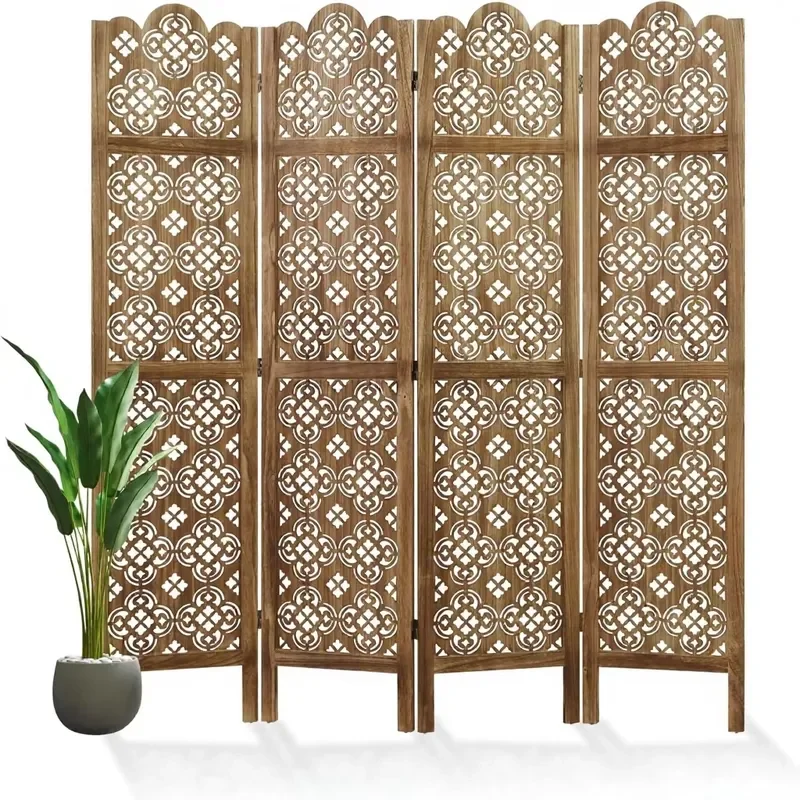 for Art Deco Folding Room Baffle 4 Panel Engraved Privacy Screen Decorated Partition Home Office Dining Room Bedroom Dark