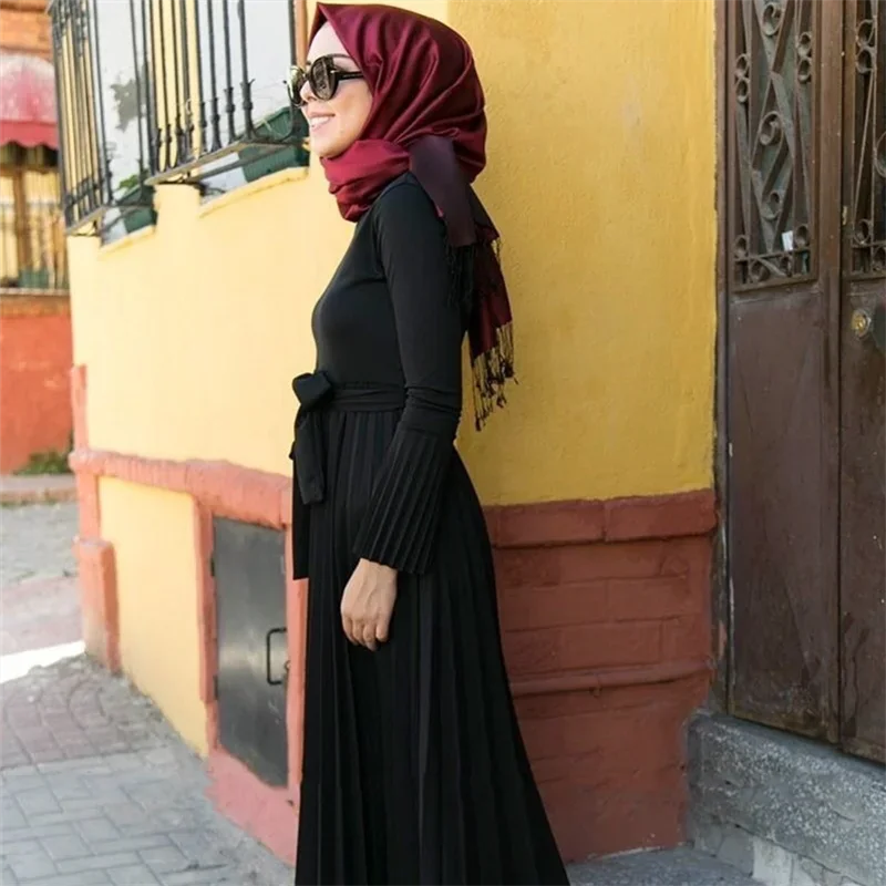 2025 New Women Abaya Dubai Turkey Femme European and American Female Skirt Pleated Bell Sleeve Dress Muslim Fashion Long Dresses