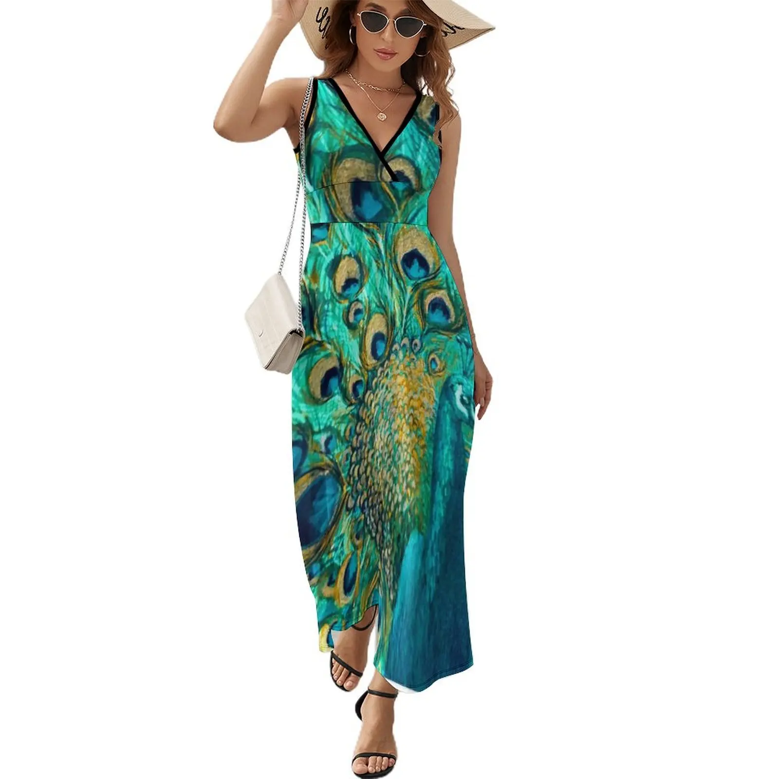 

Colourised Aqua Peacock Sleeveless Dress Women's long dress women's summer clothing 2024