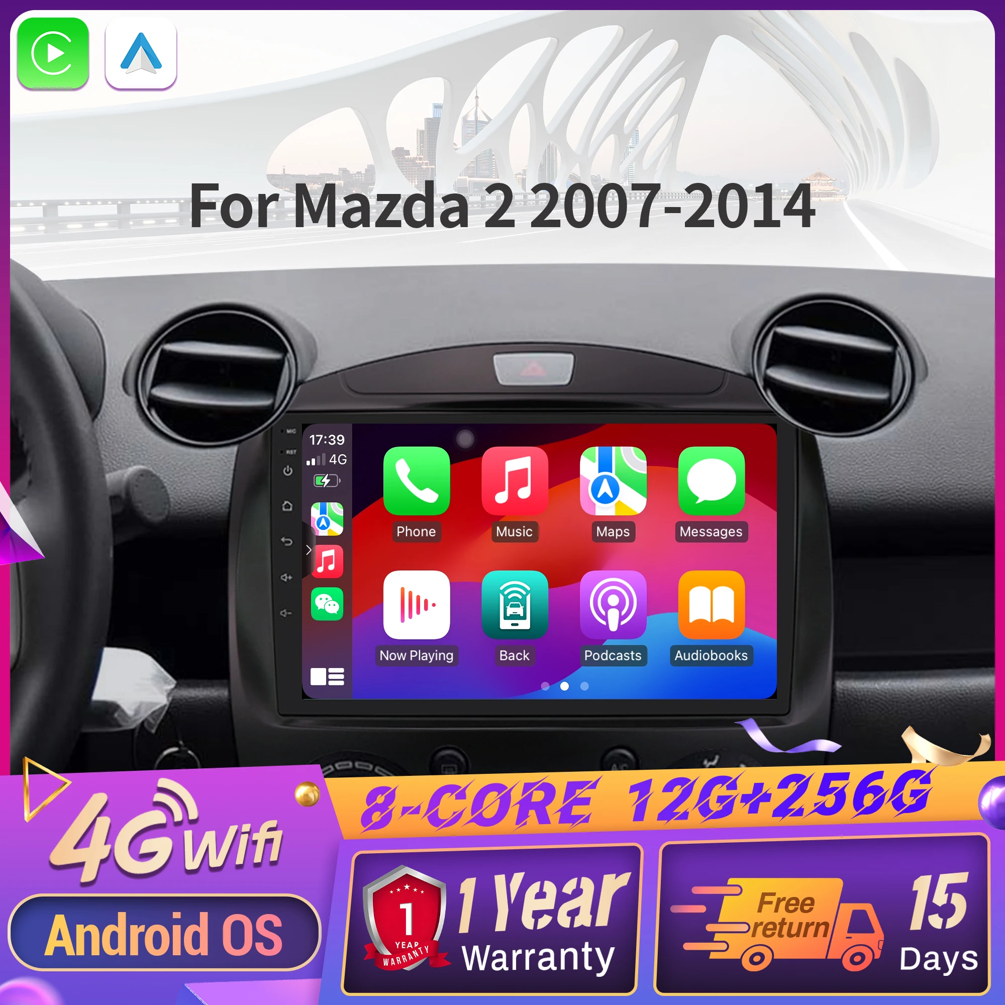For Mazda 2 2007-2014 Android 14 Multimedia Navigation Car Radio 4G GPS Wireless CarPlay Touch Screen Bluetooth Stereo
