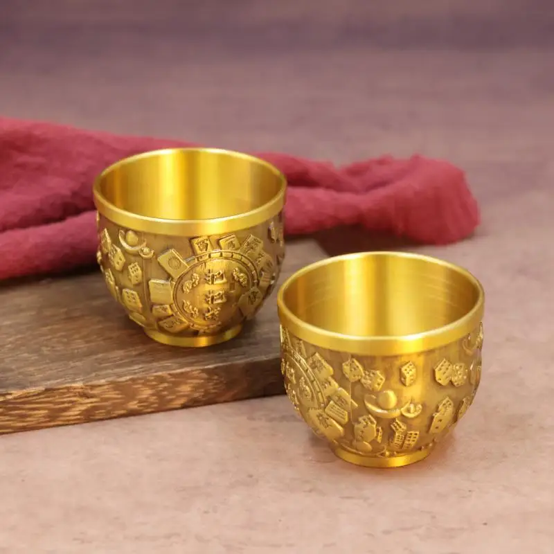 1pc Brass Fu Bowl Desktop Lucky Decor Hand Carved Brass Drinking Cup Treasure Bowl Metal Artifact Gifts