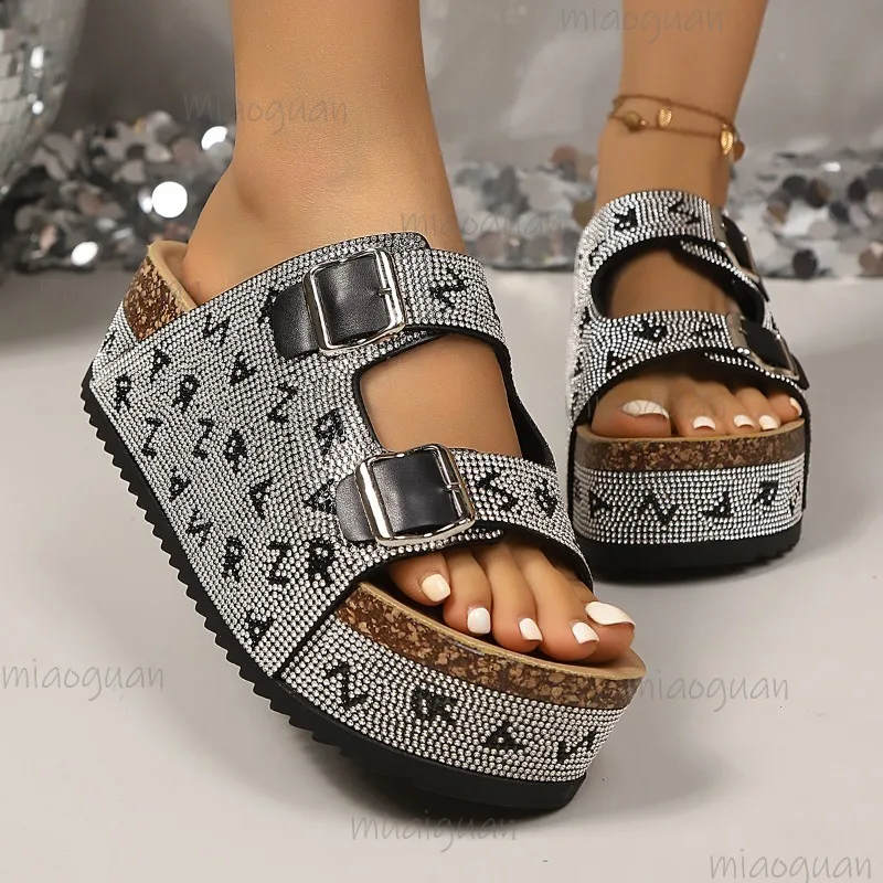 Women's Rhinestone Letter Platform Slides Open Toe Fashion Sandals Sparkly Crystal Embellished Thick Sole Summer Casual Shoes