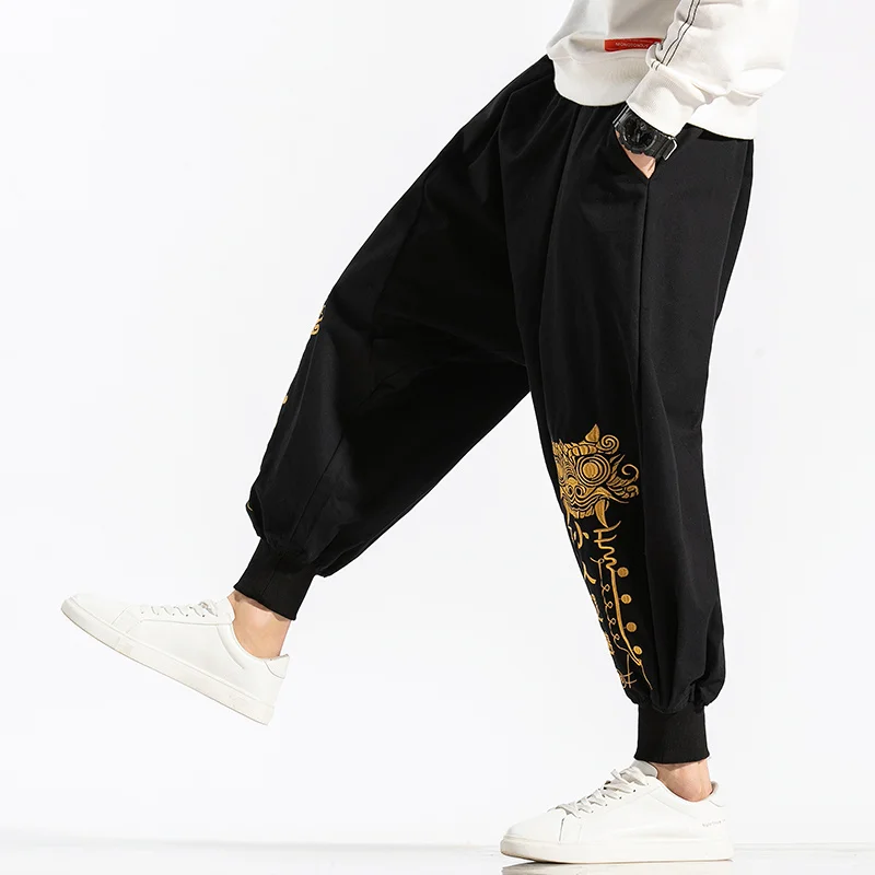 Chinese Style Casual Loose Plus Size Harem Pants Text Embroidery Oversized Baggy Joggers Men Clothing Harajuku Trousers Male