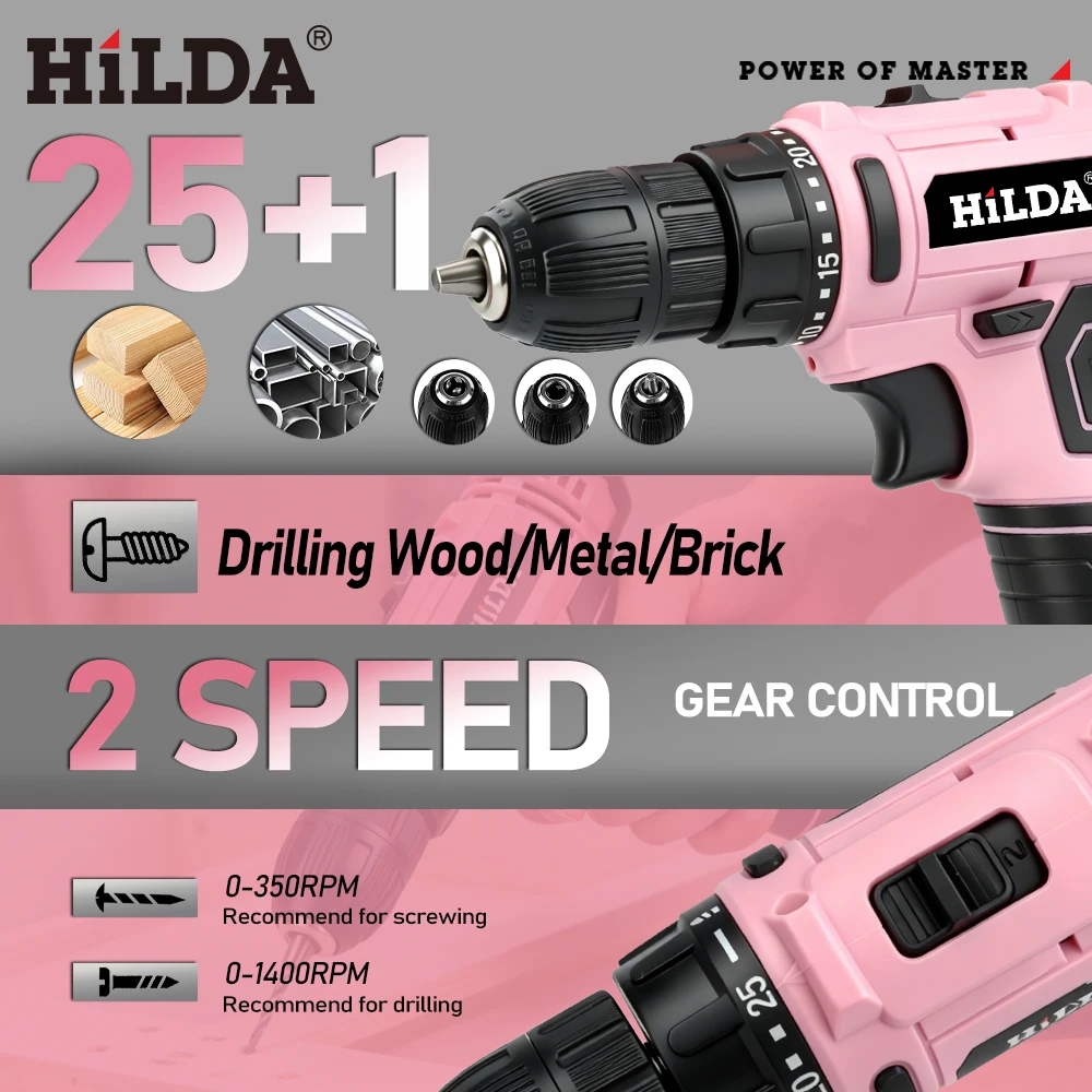 

Электрическая отвертка HILDA Pink Drill 25+1 с регулировкой крутящего момента, миниатюрный беспроводной электроинструмент с литиевой батареей, идеальный подарок для женщин, идеально подходит для домашнего ремонта и DIY.