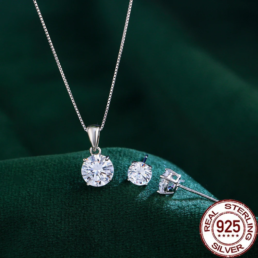 CWWZircons النقي 925 فضة تألق مكعب مستدير من الزركونيوم قلادة بسيطة أقراط للنساء مجموعات مجوهرات الزفاف ST010 #5