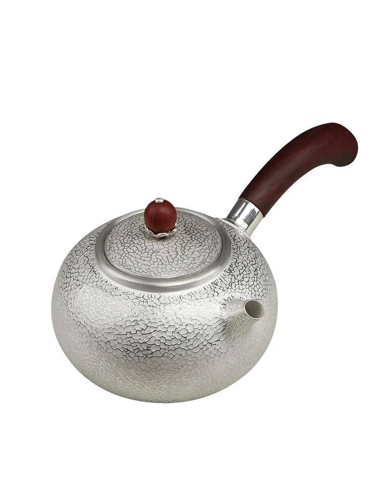 Handmade Sterling Silver 999 Red Sandalwood Side Pot with Hammer Pattern Silver Pot Tea Set for Home Decor And Collectibles
