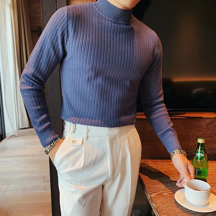 

Autumn and Winter Men's Thick Sweater Thick Solid Color Mock Neck Long Sleeve Warm Basic Classical Knitting Pullovers W07