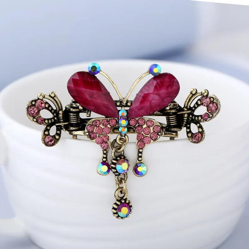 Crystal Butterfly Hair Clips Turquoise Flower Elegant Hair Crab Clip Popular Women Girls Alloy HairPins Hair Styling Accessories