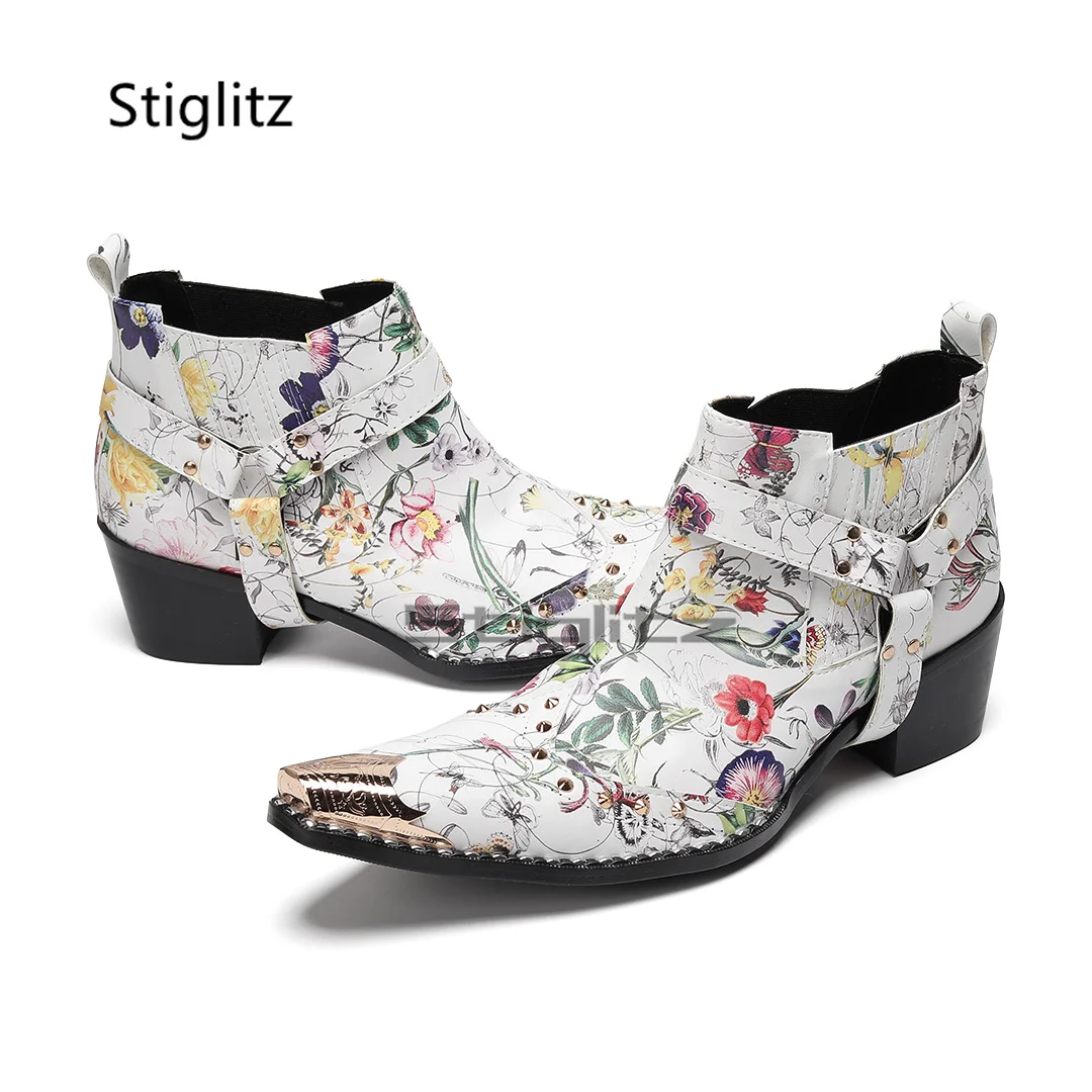 Prints Graffiti Men's Boots Metal Pointed Toe Genuine Leather Chelsea Boots Rivet Ankle Boots Spring Autumn Business Shoes
