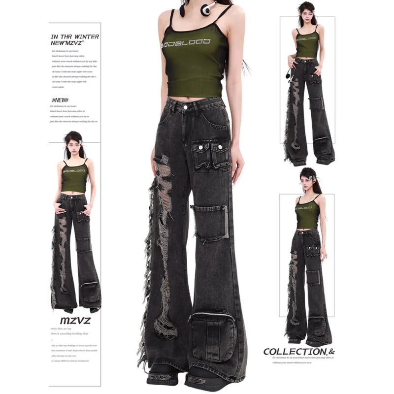 

Female Black Worn Out Y2K Harajuku Jeans for Women Pants Wide Leg Pants Solid Straight 2024 Summer Straight Baggy Jeans Trousers