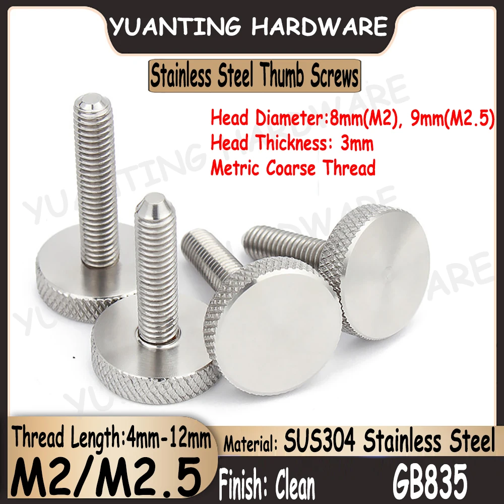 10Pcs M2 M2.5 GB835 DIN653 SUS304 Stainless Steel Hatching Knurled Thumb Screw Flat Head Curtain Wall Glass Hand Tighten Bolts