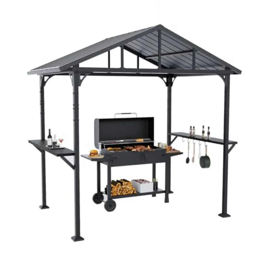 8' x 5' Grill Gazebo, Outdoor Metal BBQ Gazebo with Triangular Structure Roof and Drainage Holes, Grill Canopy with 2 Side Shel