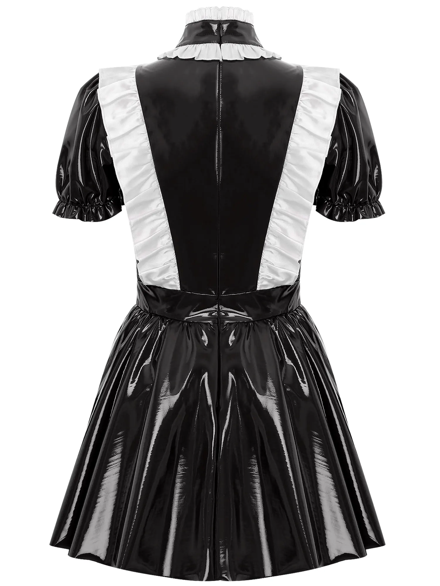 Womens Wet Look Patent Leather Maid Dress Cosplay Costume Ruffles Trims Puff Sleeve A-Line Dress Naughty Maid Uniform Clubwear