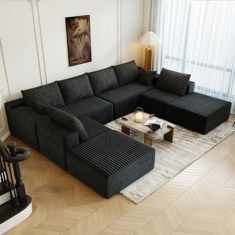

8 Seater Oversized U-Shaped Minimalist Couch with 2 Ottomans and Chaise, Deep Seat Cloud Plush Corduroy Sofa Set for Living Room