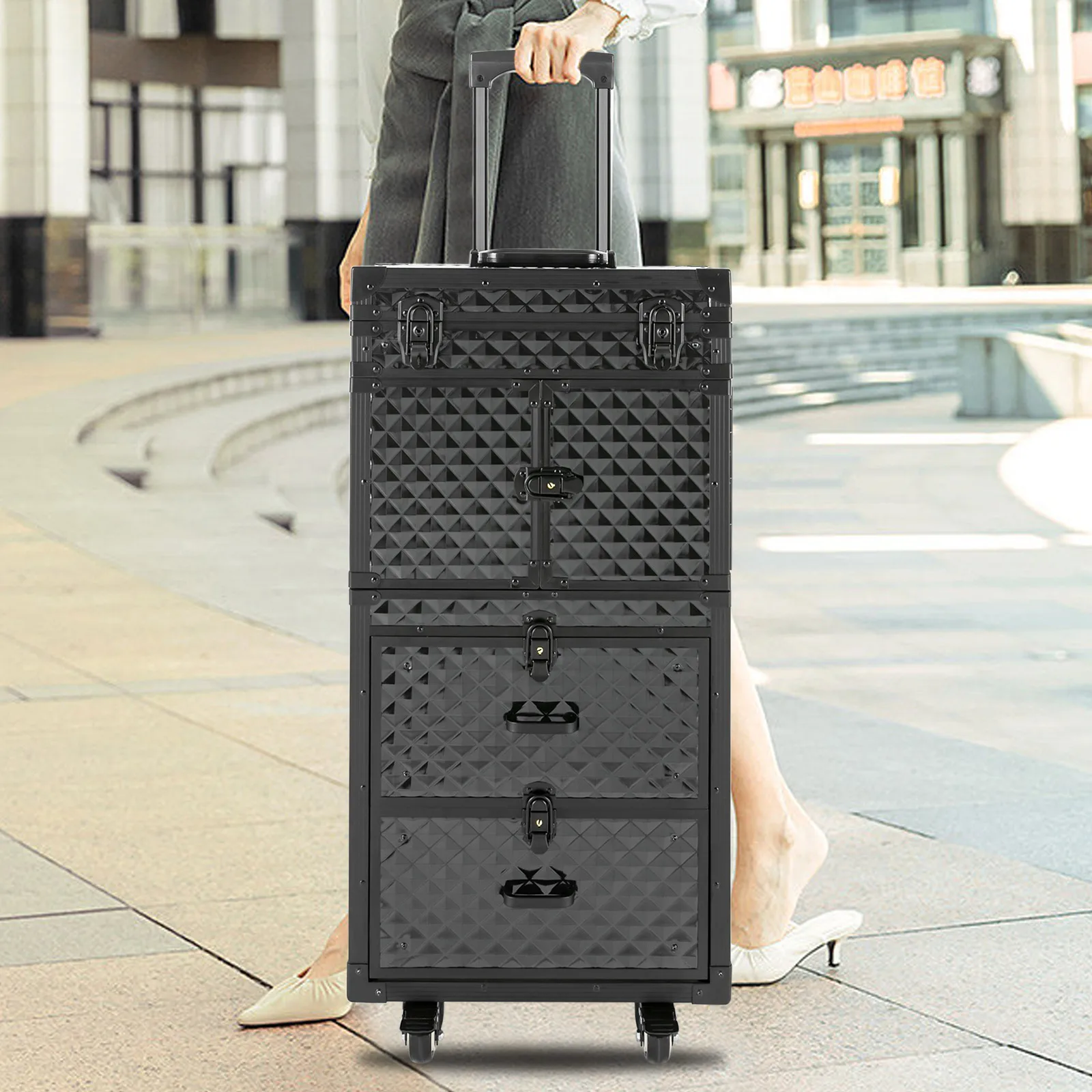 Multi-functional Cosmetic Trolley Storage Case Cosmetology Case with Compartments Rolling Train Case