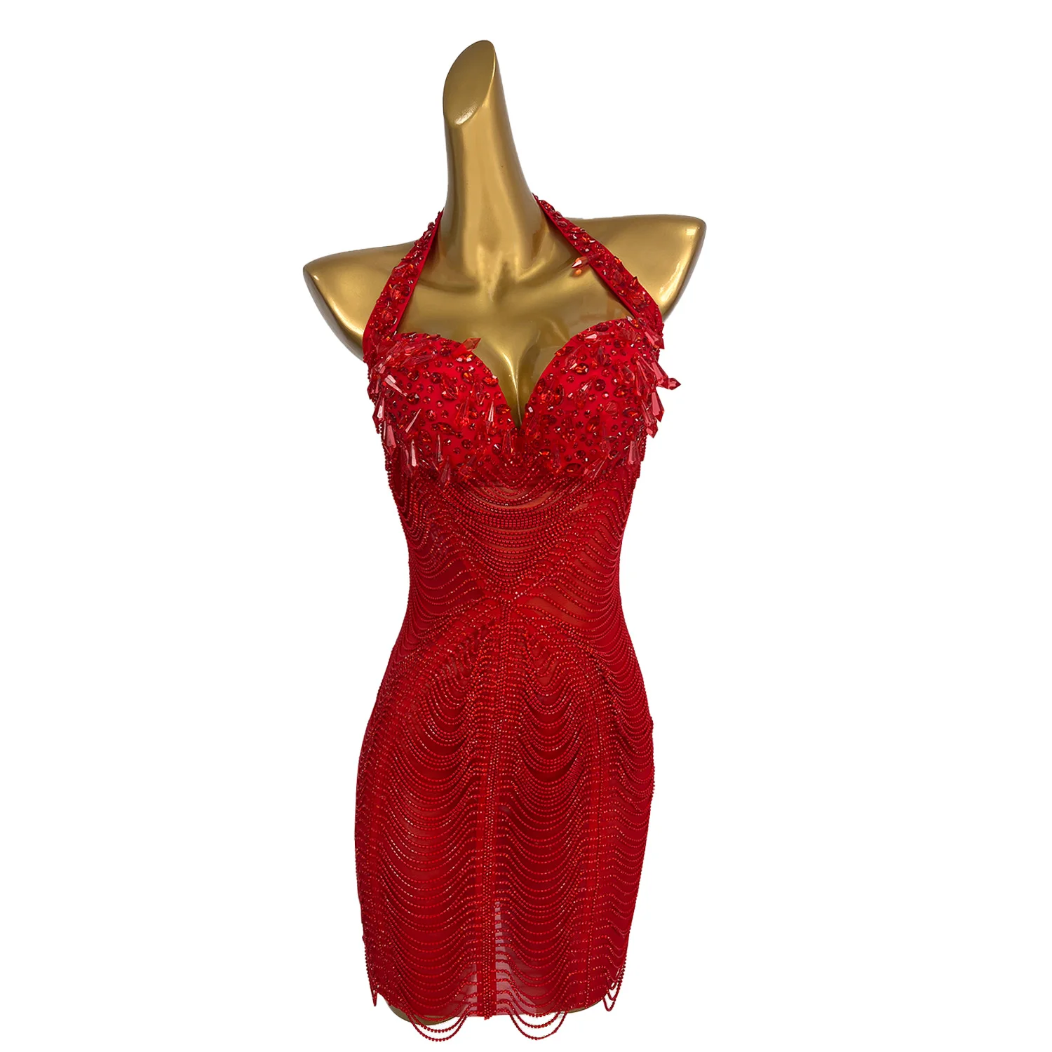 Vestido Sexy de noche de cumpleaños para mujer, vestido de celebración de graduación, cadenas de diamantes de imitación rojos brillantes, Vestido corto sin espalda, ropa para sesión de fotos Xingzhi