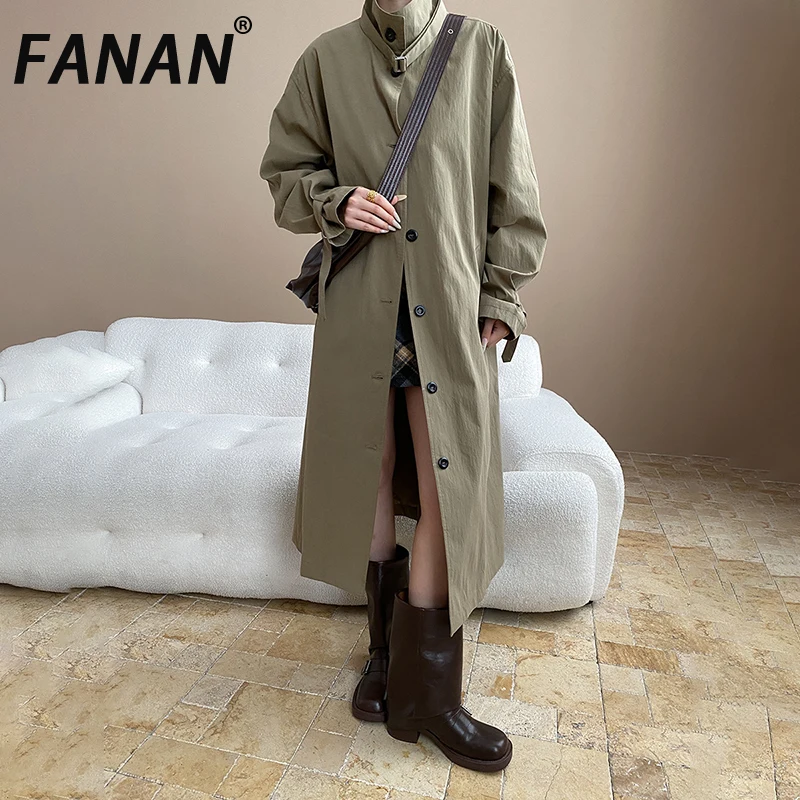 

FANAN Women's Trench Stand Neck Single Breasted Long Sleeve Temperament Windbreaker Office Lady Coats Fashion 2025 Autumn New