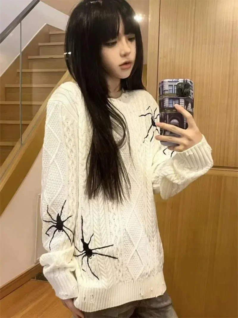 

Spider Print O-Neck Long Sleeve Knitted Vintage Sweaters Women American Oversize Sueter Mujer Hiphop Grunge Pullovers Y2k