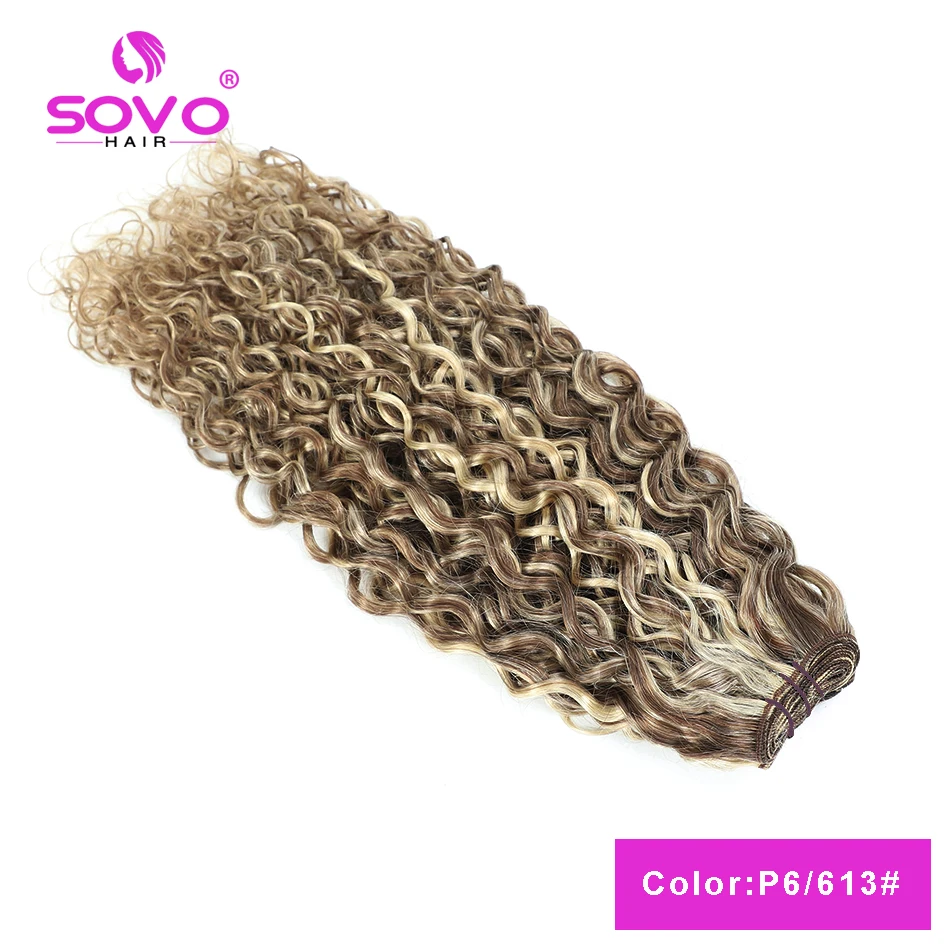 SOVO-Honey Blonde Water Wave Extensions Human Hair, Peruvian Curly Weave Bundles, Highlight P6/613, Natural Wet and Wavy, 100g