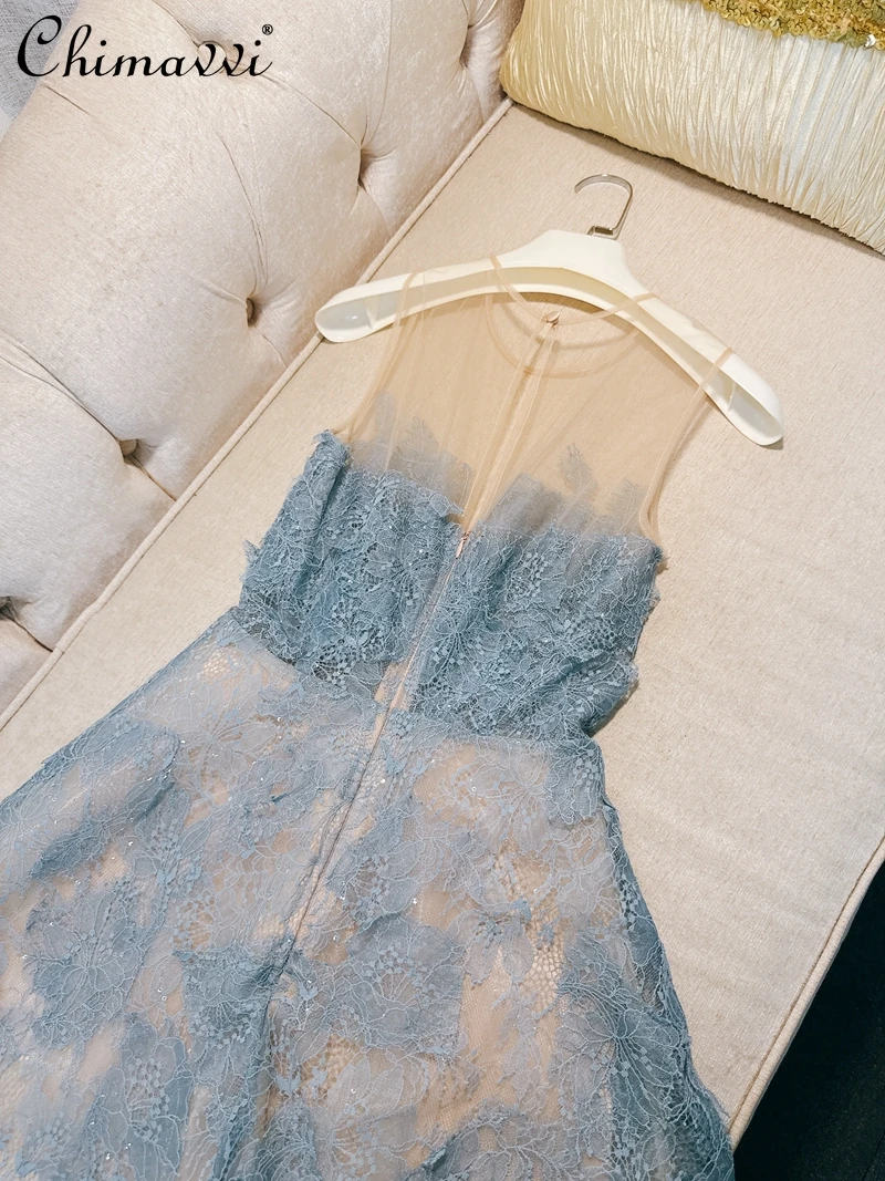 Abito senza spalline trasparente con paillettes a fiori 3D patchwork di pizzo leggero di lusso da donna 2025 Nuovi abiti lunghi per feste di compleanno con fata pesante