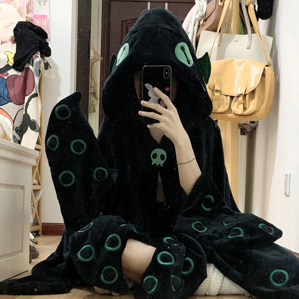 Cute Monster Poncho Women\'s Velvet Hooded Cloak Pajamas Autumn Winter Cartoon Wing Shawl Female Kawaii Plush Black Pajamasr Cape