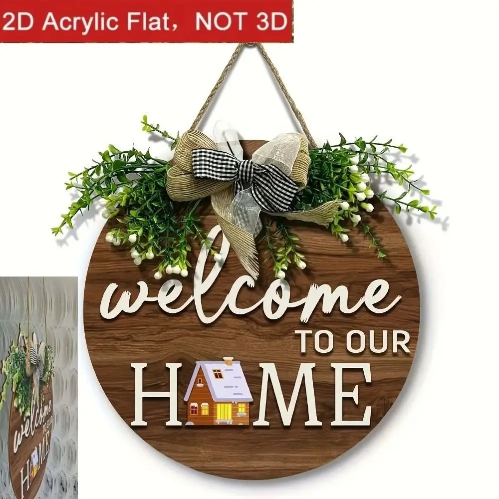 2D Flat 2D Round Welcome Sign Retro Style Floral Print Hanging Wooden Board Cat Print Warm Home Round Doorplate Front Door Decor