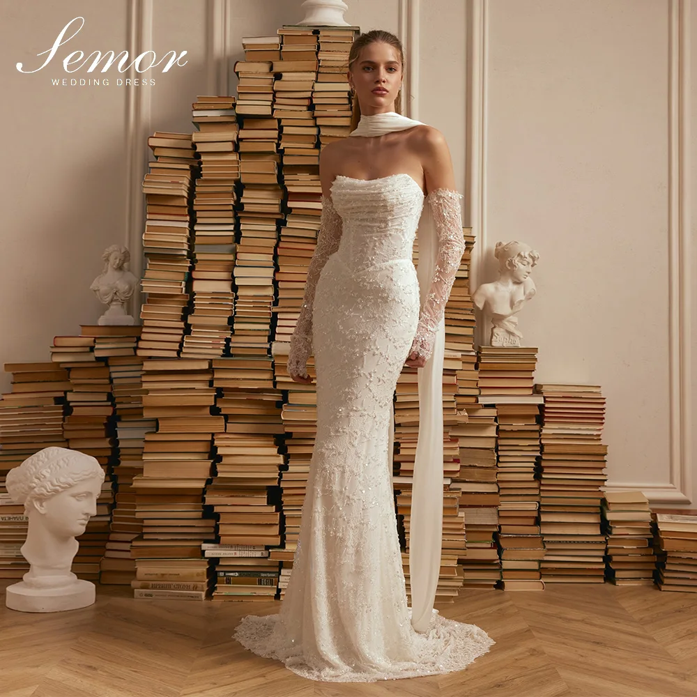 Semor Customized Charming Trumpet Wedding Dresses Lace Appliques Sequin Beading Detachable shawl Bride Gown Vestidos De Novia