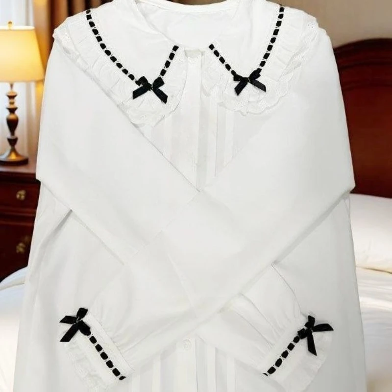 Spring Japanese Kawaii Lolita Blouses Women Elegant Bow Ruffles Peter Pan Collar Shirts Tops Girly Casual Gothic Y2k Clothes New