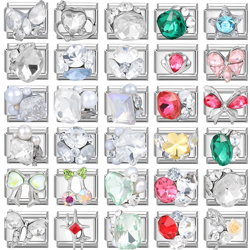 Y2k Zircon Crystal Heart Red Green Italian Charm Fit 9mm Stainless Steel Bracelet Women Men DIY Jewelry Gift Wholesale