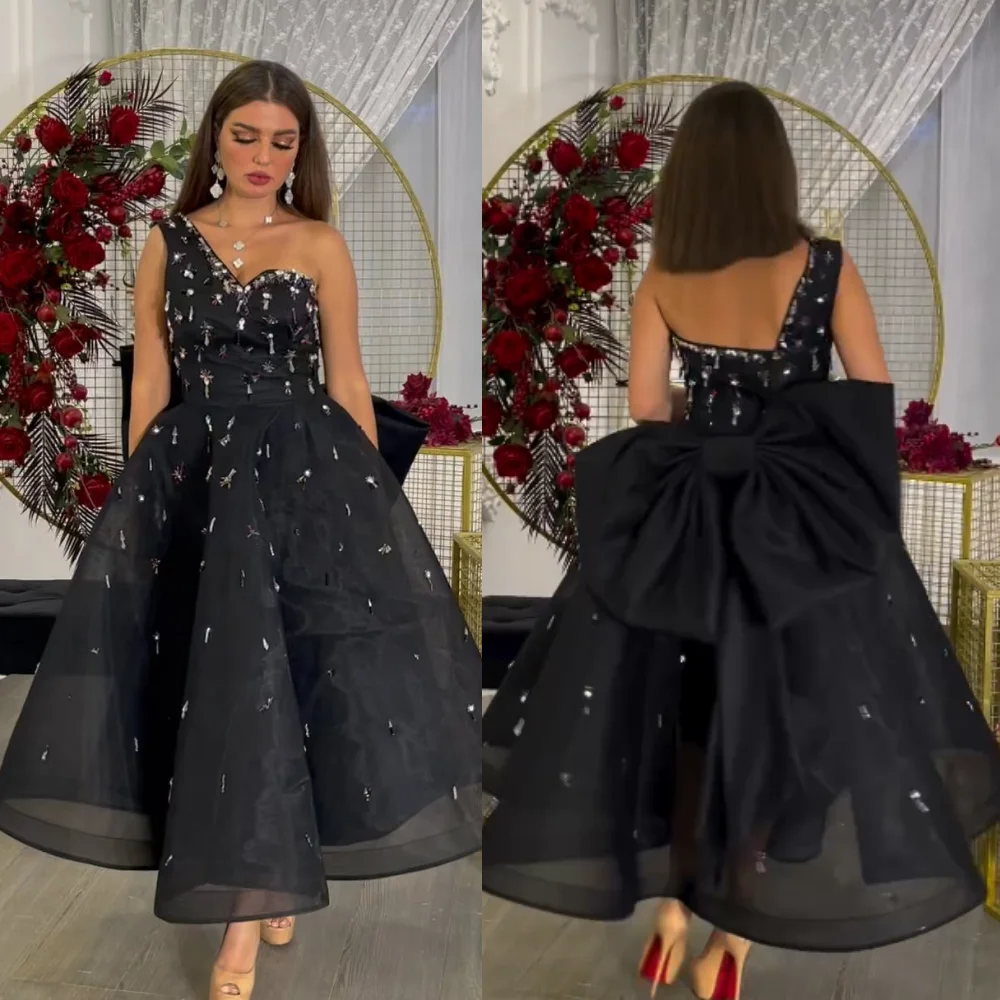 Vestido Midi de Organza con lazo de diamantes de imitación para fiesta, a medida, sin tirantes