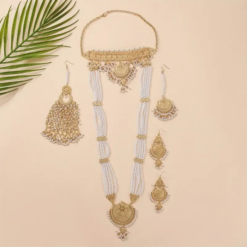 5pcs/Set Luxury  Bollywood Style Hollow Out Metal Handmade Beads Tassels Headwear+Dangle Earrings+Necklace，Jewelry Set For Women