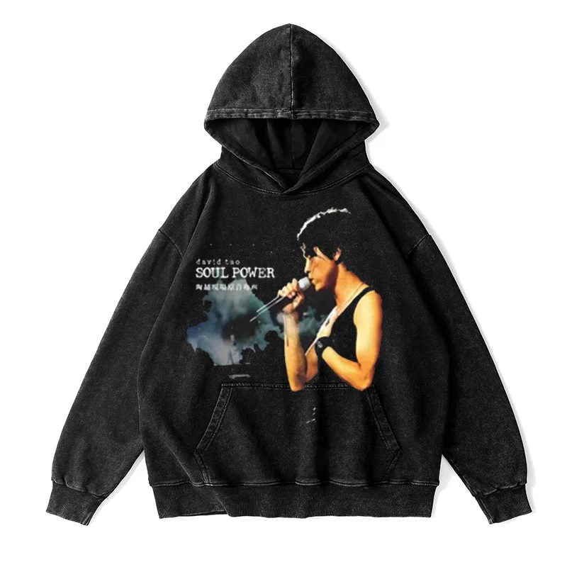 Washed Vintage Black Hoodie Soulpower Concert Supporter Wear Casual Loose Fit Cotton Polyester Blend Hooded Autumn Spring Win...